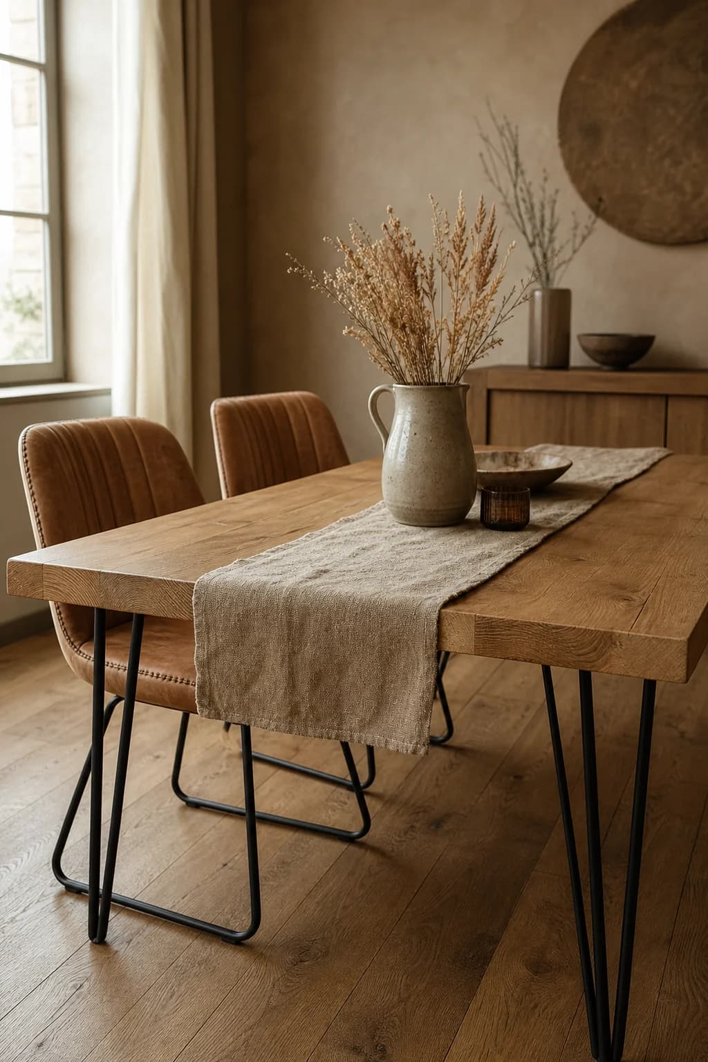 Oak dining table and tan leather dining chairs in a warm, sunlit room